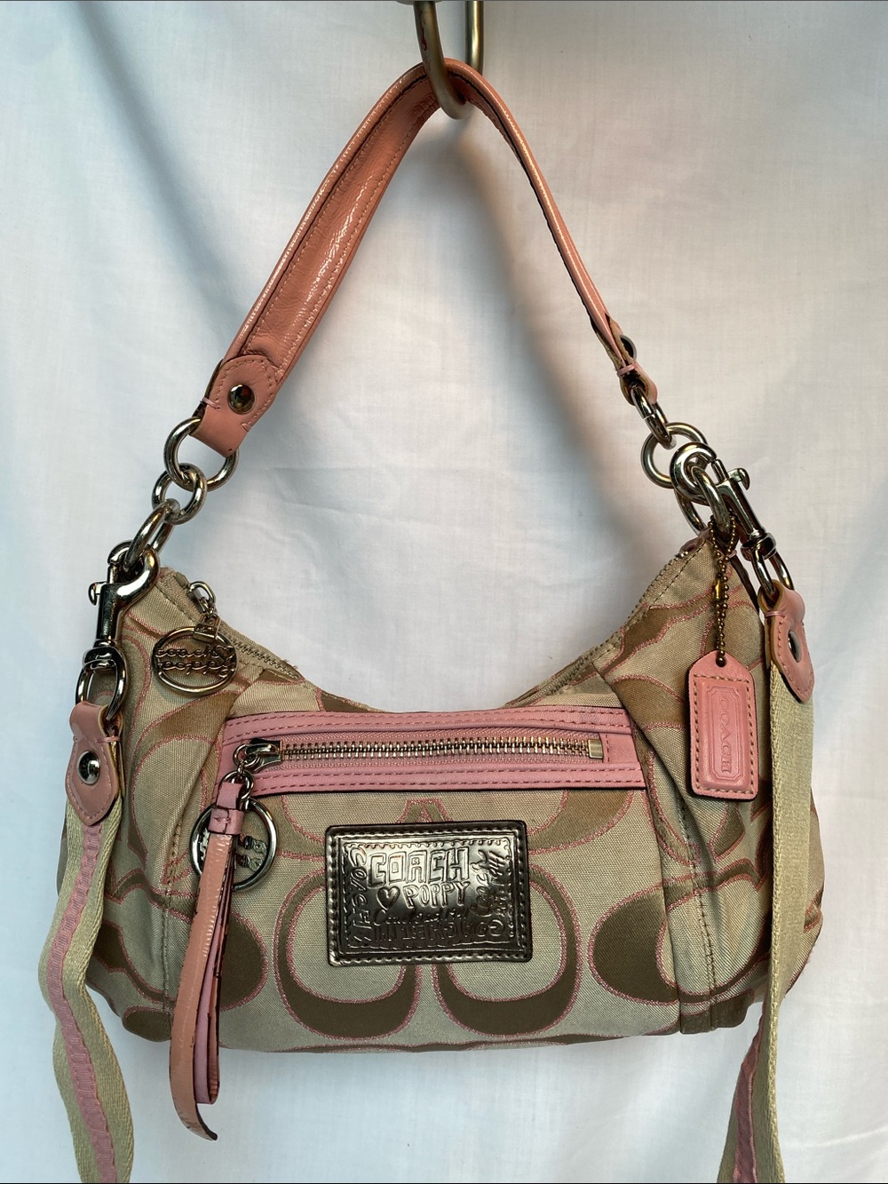Coach 16293 Poppy Pink Tan Signature Lurex Groovy Shoulder Hobo Crossbody Bag